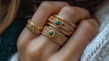 Elegant gold rings with emerald stones displayed on a hand against a cozy knitted sweater backdrop photo