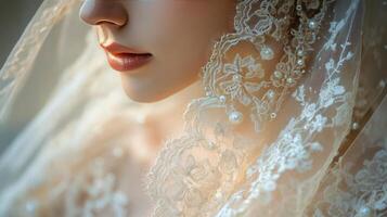 Intricately embroidered lace fabric showcasing floral designs and delicate craftsmanship photo