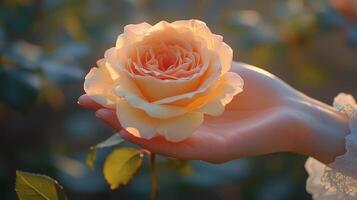 Beautiful orange rose held delicately in hand during golden hour photo