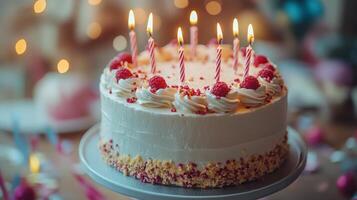 Festive birthday cake with candles and colorful confetti for a celebration photo