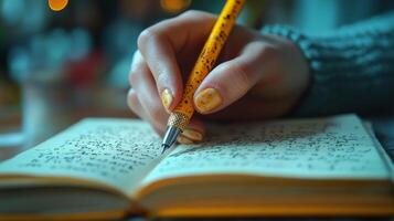 Handwriting in a notebook with a yellow pencil in a cozy indoor setting during the evening photo