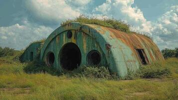 Abandoned dome house covered in vines in a lush green landscape under a cloudy sky photo