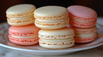 Colorful macarons arranged on a decorative plate with floral pattern for a dessert display photo