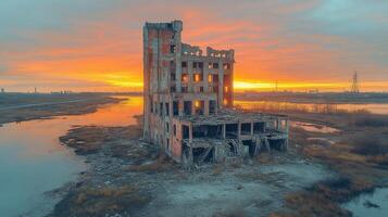 Abandoned building stands solitary against a vibrant sunset by the river photo