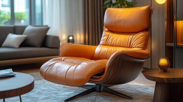 Cozy lounge with a whiskey glass and brown leather armchair in a warm ambiance photo