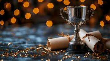 Celebration of achievement with scrolls and trophy on festive background photo