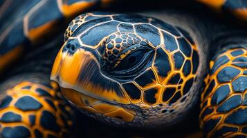 Captivating close-up of a turtle with intricate shell patterns in natural habitat photo
