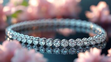 Elegant rose gold bracelet with sparkling gemstones surrounded by delicate flowers photo