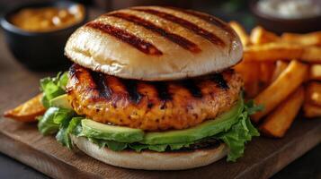 Delicious burger with avocado and sweet potato fries on a rustic table photo