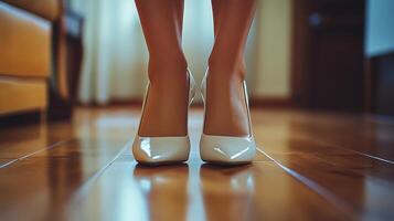 Elegant brown high heels placed on a polished wooden floor reflecting light beautifully photo