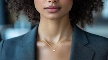 Elegant young woman wearing a necklace in a cozy indoor setting with soft lighting photo