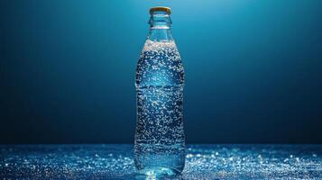 Sparkling water bottle with bubbles on a reflective surface in bright lighting photo