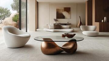 Modern living room featuring unique furniture and minimalist design in a well-lit space at home photo