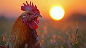 Bright sunrise behind a rooster in a field of grass at dawn in rural landscape photo