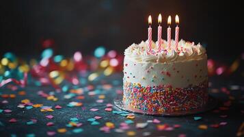 Festive birthday cake with candles and colorful confetti for a celebration photo