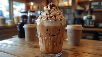 Iced coffee topped with whipped cream and chocolate, surrounded by snacks on a wooden table photo