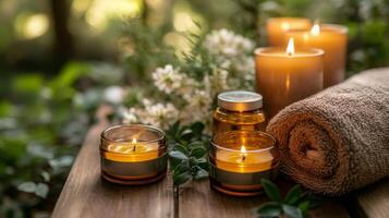 Relaxing spa setting with candles, essential oil, and towels on a wooden surface at evening time photo