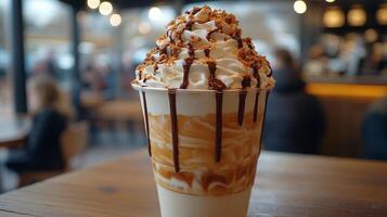 Warm caramel latte served in a takeaway cup at a cozy cafe in a bustling urban setting photo