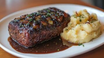 Savory meatloaf served with creamy mashed potatoes and rich gravy on a wooden table photo