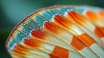 Close-up view of a vibrant butterfly wing displaying intricate patterns and colors in natural light photo
