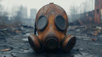 Abandoned gas mask on desolate landscape near waterway in a post-apocalyptic setting photo
