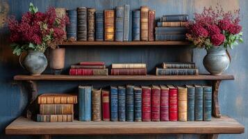 Elegant bookshelf with antique books and globes displayed in a cozy library setting photo