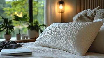 Cozy and soft pillow resting on a wooden surface surrounded by indoor plants in bright light photo