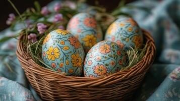 Colorful decorative eggs in a woven basket with flowers on a fabric background during spring season photo