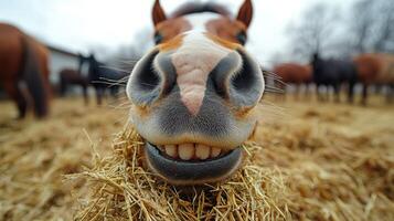 Close-up view of a horse peacefully eating hay in a barn during the evening photo
