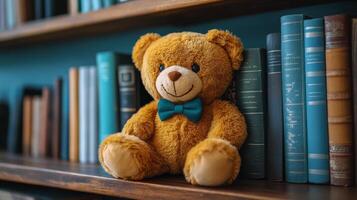 Teddy bear with a bow tie sitting in front of a bookshelf filled with old books photo