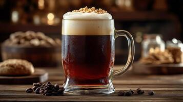 Refreshing amber beer served in a glass mug on a wooden table in a cozy bar setting photo