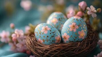 Colorful hand-painted Easter eggs displayed in a decorative nest on a floral fabric background photo