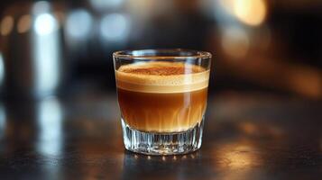 Freshly brewed coffee served in a white cup on a wooden table in a cozy cafe setting photo