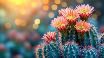 Beautiful blooming cacti with pink flowers in a garden setting at sunset photo