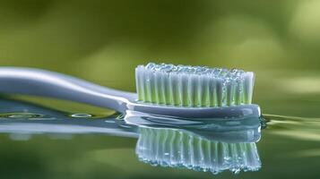 Toothbrush resting in calm water with a lush green background during daytime photo
