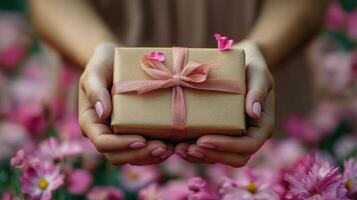 Delicate hands hold a small gift wrapped in natural fabric amid a bed of rose petals photo