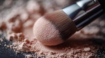 Makeup brush resting on loose powder with a blurred background of cosmetics photo