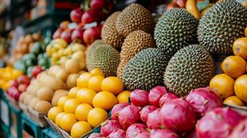 Colorful display of exotic fruits at a vibrant market photo