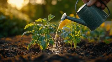 Hand watering fresh green plants in a lush garden during a sunny day in early spring photo