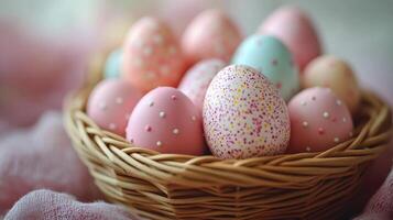 Colorful decorated eggs in a wicker basket on a soft pink cloth for spring celebrations photo