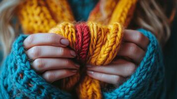 Warm hands holding a colorful knitted scarf in a cozy outdoor setting during autumn photo