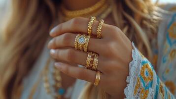 Hand adorned with elegant gold rings showcasing intricate designs in a lush green setting photo