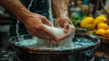 Washing citrus fruit with soap and water in a clean kitchen sink during daylight photo