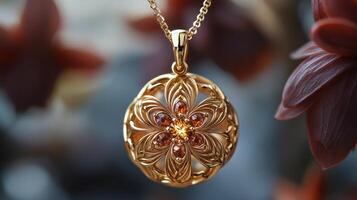 Beautiful gold necklace with intricate design and sparkling gemstones on dark textured surface photo
