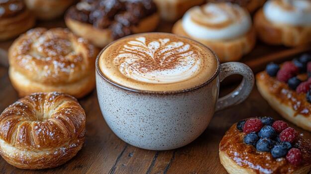 Creamy coffee with whipped topping and pastries on rustic wooden table photo