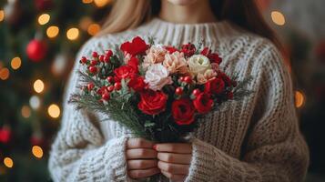 Beautiful bouquet of roses held by a person in cozy setting with warm lights in the background photo