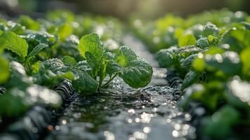 Fresh lettuce seedlings thrive in a greenhouse setting with droplets of water sparkling under bright light photo