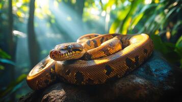 Majestic snake resting on a rock in a sunlit rainforest setting during the early morning hours photo