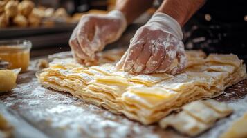 Pastry chef preparing flaky pastry on wooden table in a cozy bakery setting photo