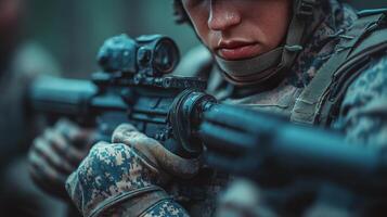Soldier aiming rifle during cold winter training exercise in the field photo